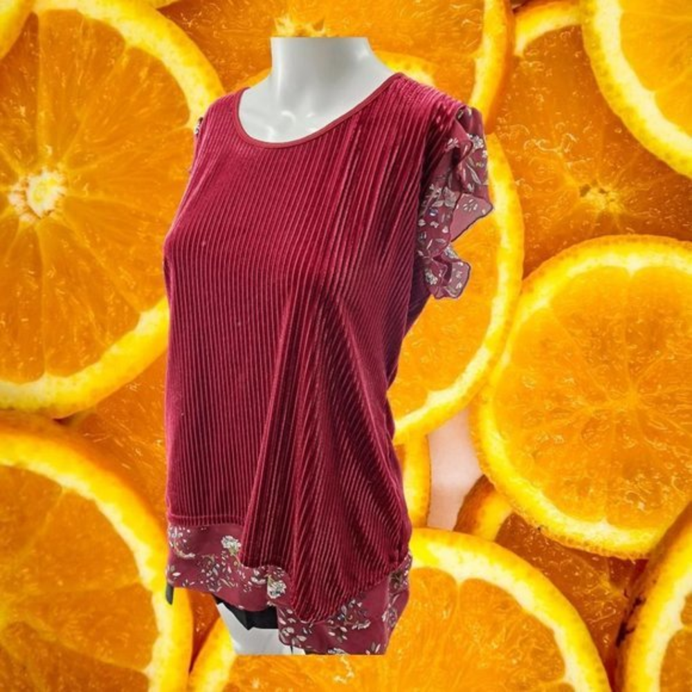 Vintage Velour Ribbed Long Top‎ with Ruffle Sleeves